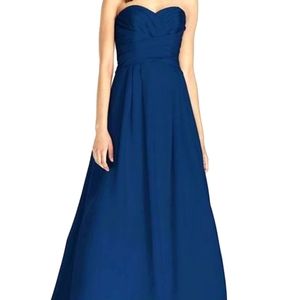 David's Bridal Strapless Satin Pleated Bodice Ball Gown in Marine